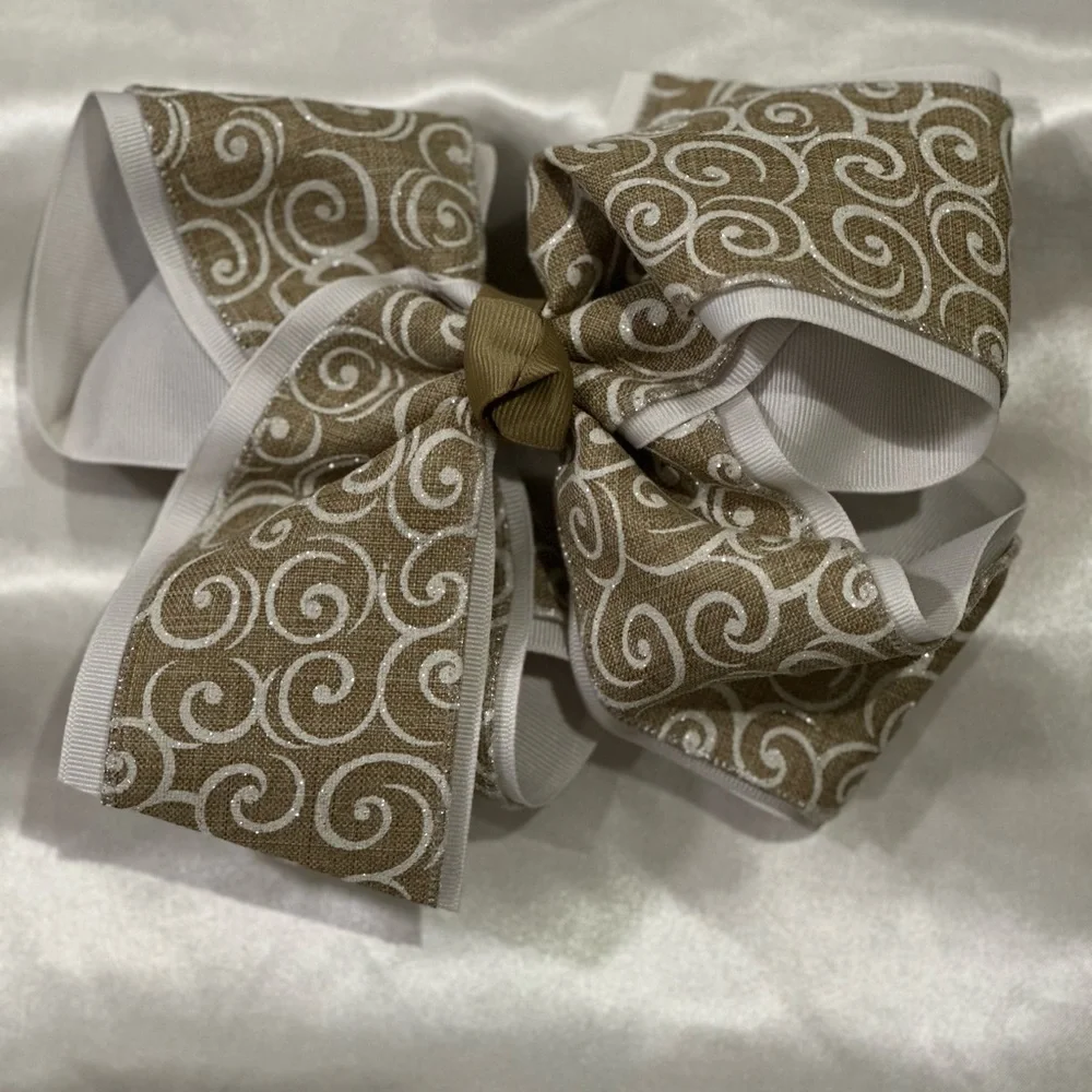 Large Tan and White Swirl Hair Bow- bundle 2+ and save on shipping.